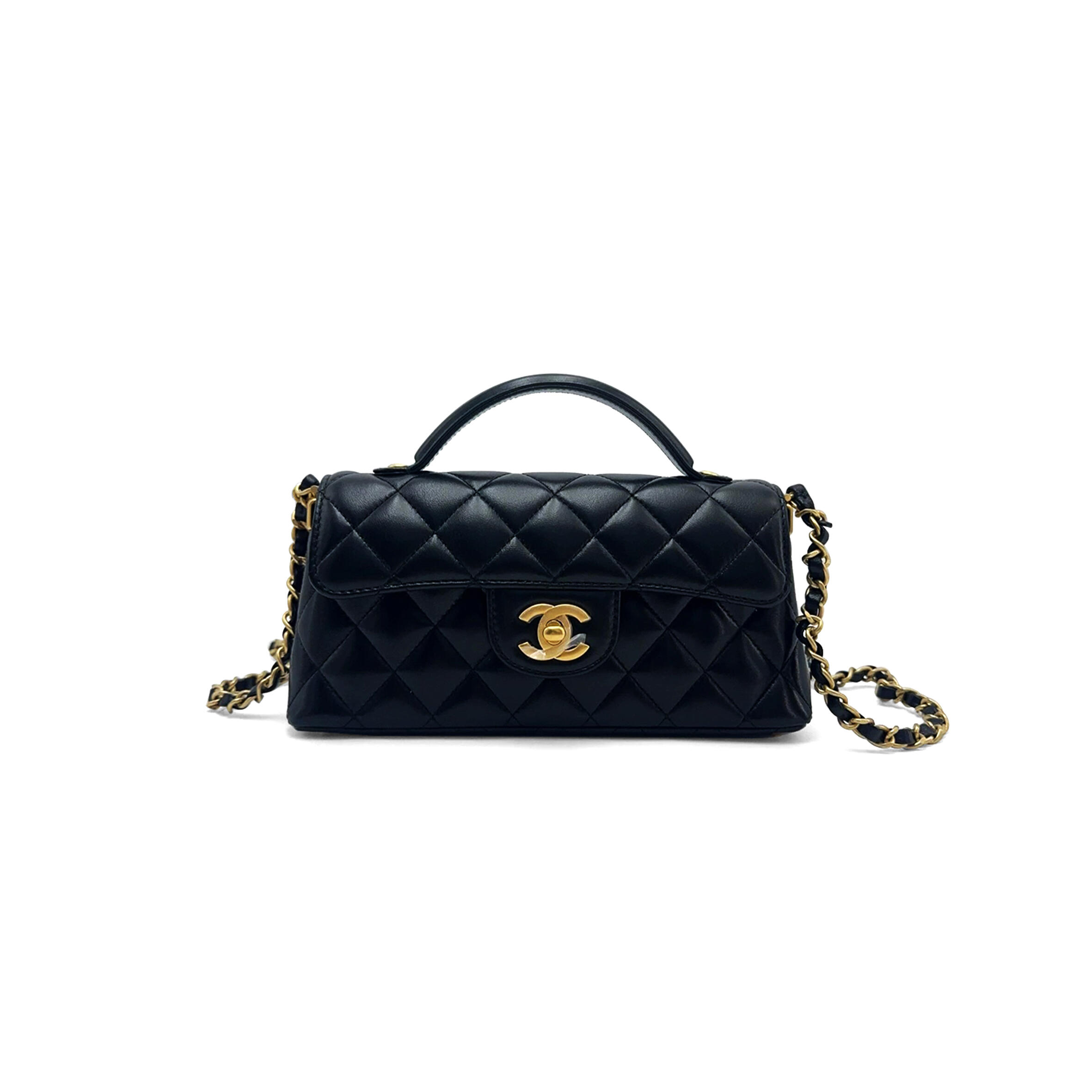 Ch*el mini flap bag with top handle lambskin & gold-tone metal black as5354 (20*14*5.5cm)